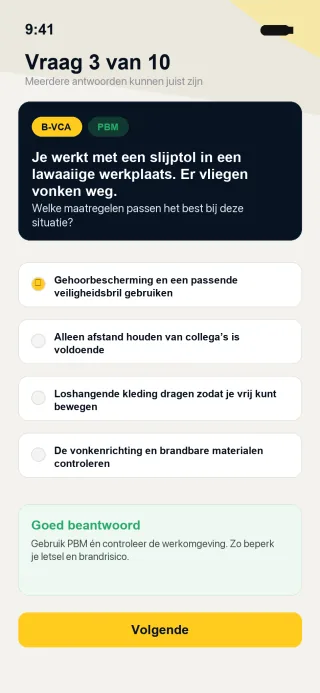 Quiz-scherm met vraag, antwoorden en uitleg